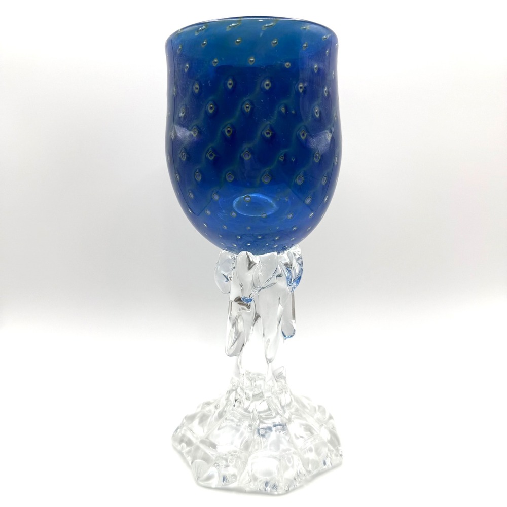 Vintage‎ 87 Signed Studio Art Wine Glass Goblet Blue Bullicante Bubble Fairy